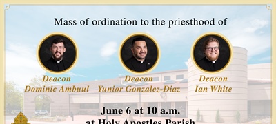 Archbishop Golka will ordain three men to the priesthood on June 6 at 10 a.m. at Holy Apostles Parish